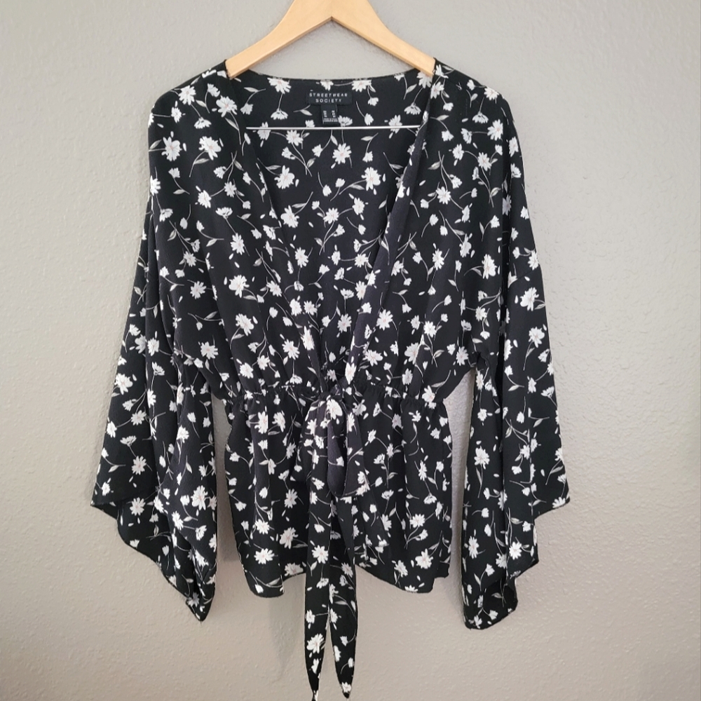 Streetwear Society | Floral Tie Front Black Fairycore Blouse Spring Top Feminine